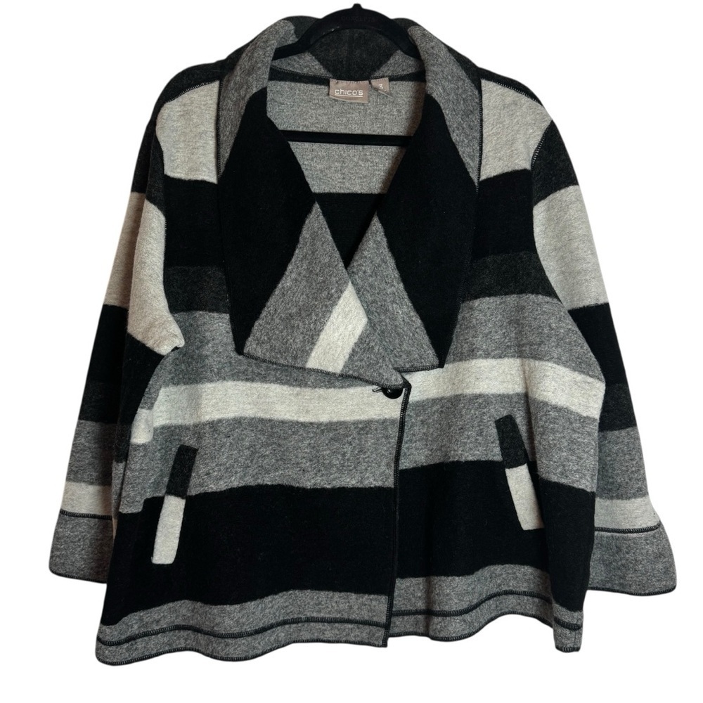Chico's Wool Blend Knit Black and Gray Colorblock Women's XL Crossover Jacket